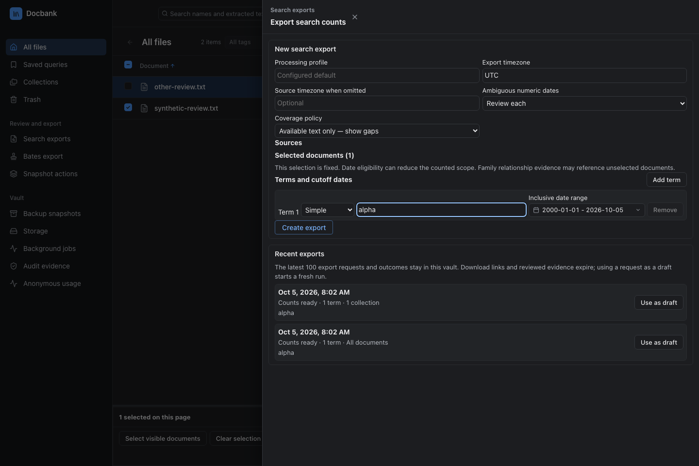 Search-count request scoped to selected document versions