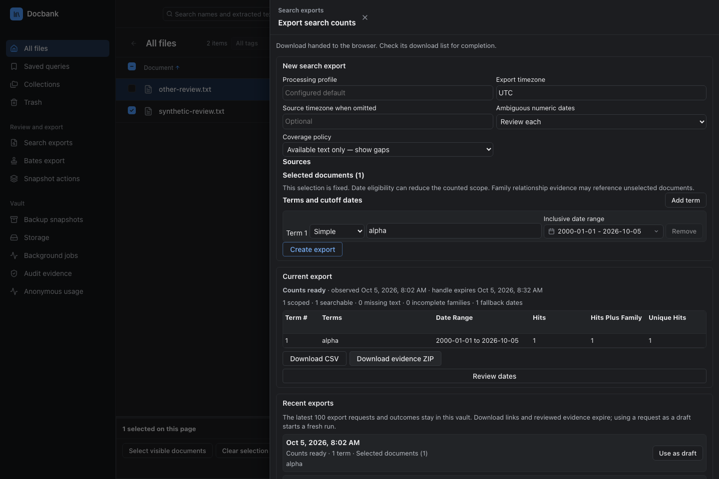 Search counts for one selected version with CSV and frozen evidence downloads