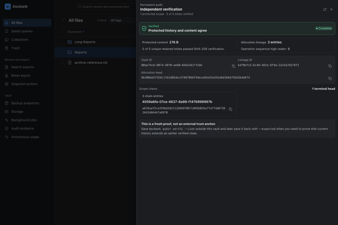 The Docbank web application showing the result of verifying permanent audit evidence in a synthetic vault.