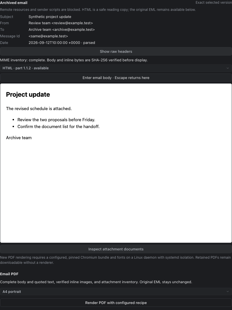Archived email with decoded headers and its HTML body