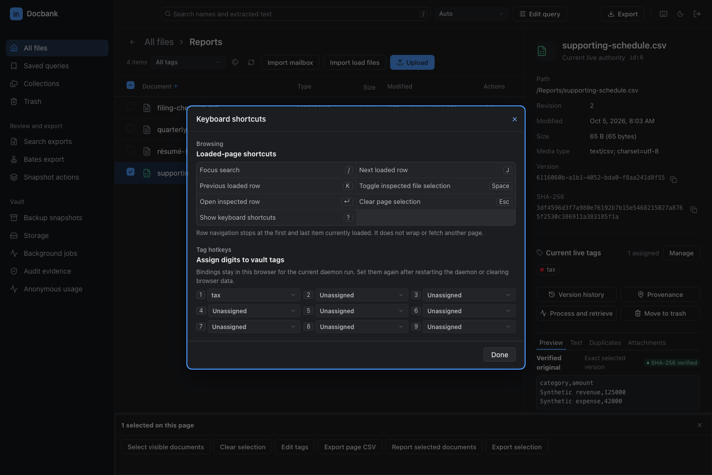 Keyboard shortcuts and a configured tag hotkey