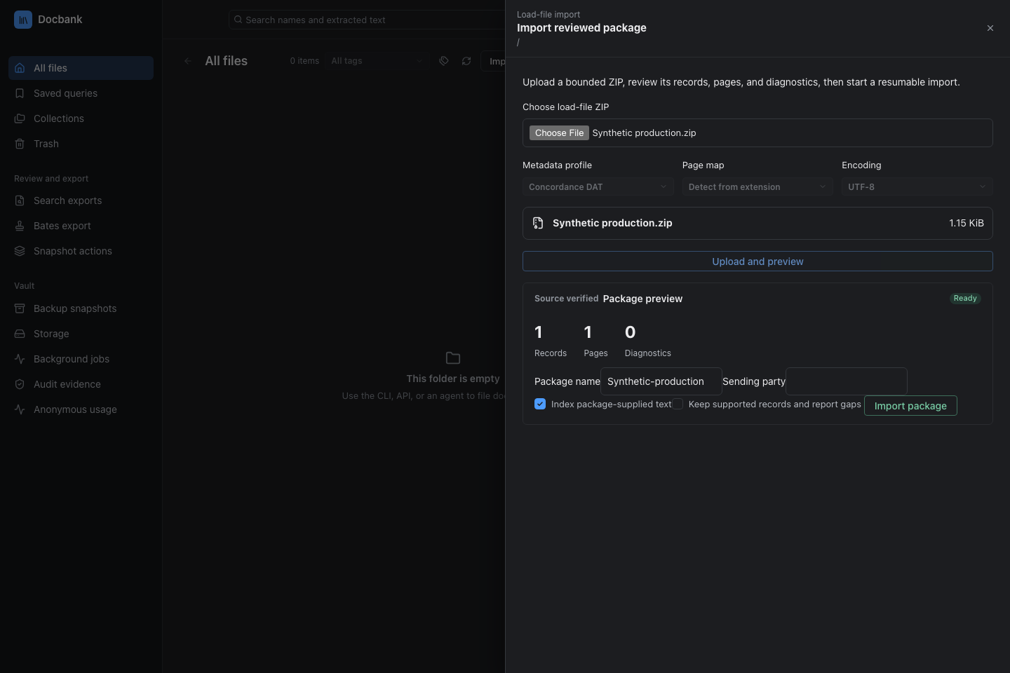 A load-file ZIP preview before importing its documents and supplied text