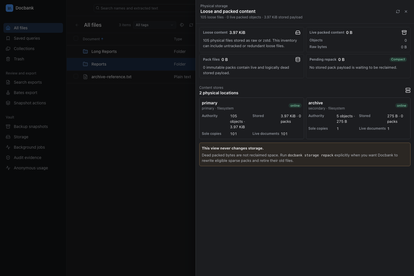 The Docbank web application showing the primary and a secondary physical store for a synthetic vault.