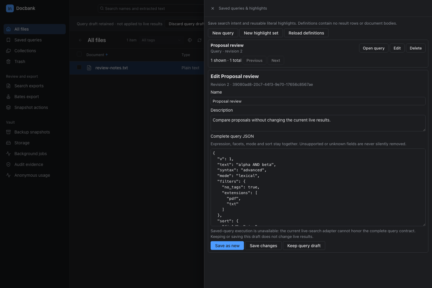A named query retaining its complete expression, filters, and sort