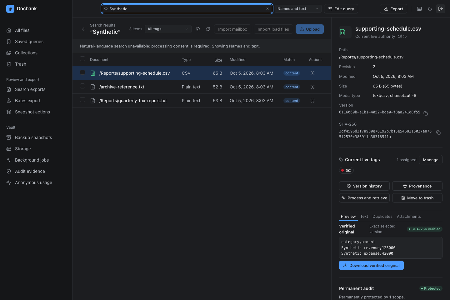The Docbank web application showing extracted-text search results in a synthetic vault.