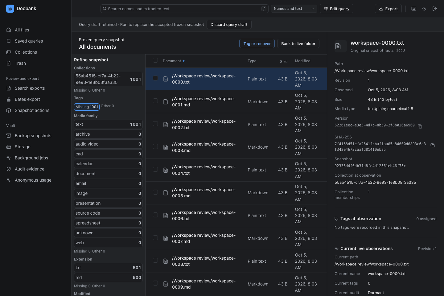 A frozen query with fixed counts, facets, and document versions